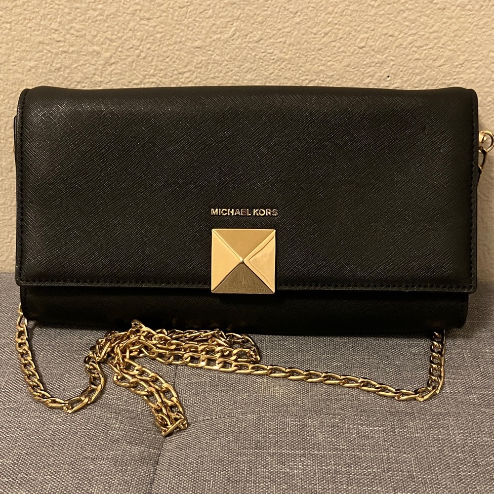 Michael Kors Black Clutch with Gold Chain